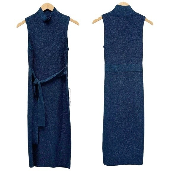 NWT Rachel Roy Kiki Navy Shimmer Midi Fitted Sheath Sweater Dress Size Large NEW - Picture 2 of 16